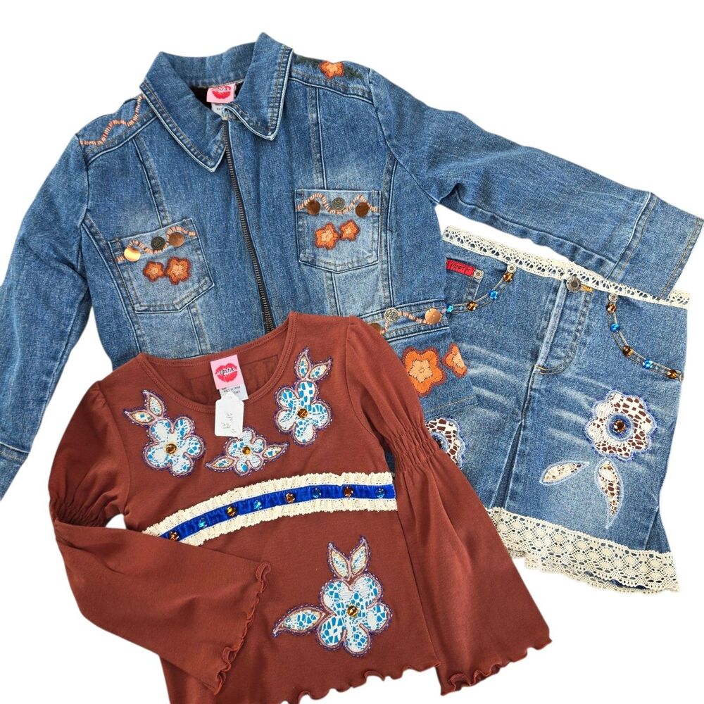 Lipstik Girls Boho Denim Outfit Size 5 Jacket Skirt Top Boho Boutique Sample Y2K